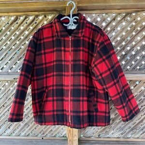 Plaid black and red lined , zippered jacket / coat with pockets.